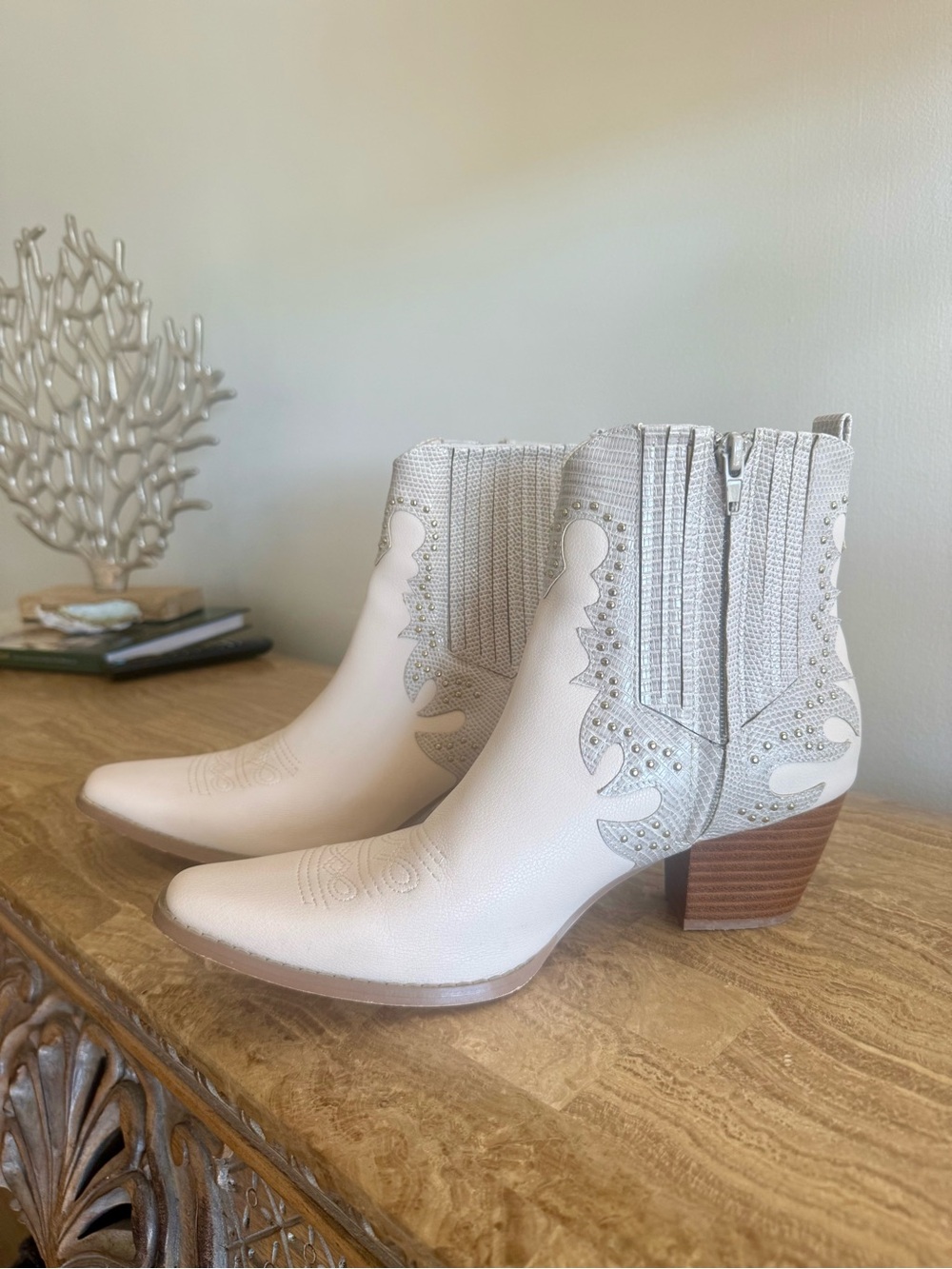 Coconuts by Matisse Cream Western Ankle Boots with Stud Accents